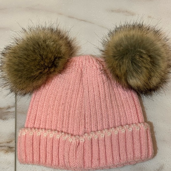 C.C Baby Pink Knit Double Pom Beanie Hat – Faux Fur, Made in Korea - Picture 2 of 5
